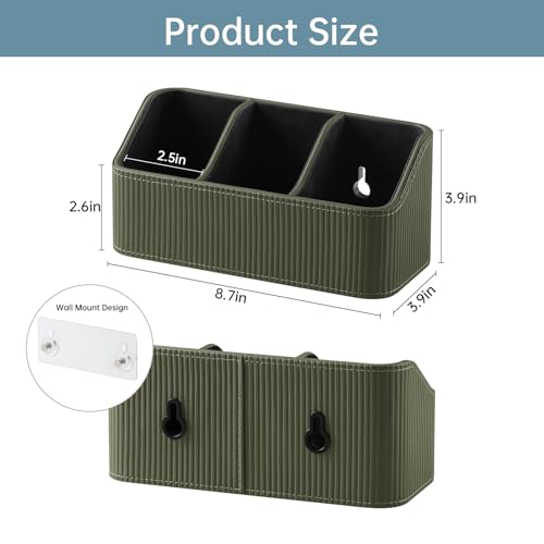 No Drill PU Leather Wall Remote Holder, 3 Compartments Storage Caddy for TV AC Remotes, Pens, Eyeglasses, Home Bedroom Bathroom Office (Stylish Green Fine Ribbed) - color: Stylish Green Fine Ribbed