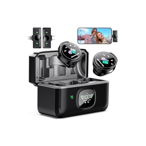 Wireless Lavalier Microphone for iPhone: 𝟖𝟎H with Charging Case | Microphone for iPhone & Android -30dB Noise Reduction - Plug & Play - Mini Mic for Vlogging TikTok YouTube - color: Black