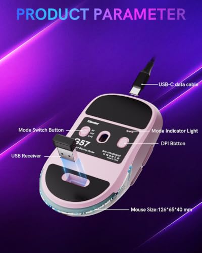 G57 Wireless Gaming Mouse, 8000 DPI, 80g, 2.4G/Bluetooth/USB-C Rechargeable Wireless Mouse with 5 Programmable Buttons for PC/Mac, Pink - color: Pink