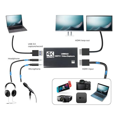 4K HDMI Capture Card for Streaming & Gaming, USB 3.0 Audio Video Capture Device 1080P 60FPS, Low Latency, HDMI Loop Out, Capture Card for PS5, Xbox, Nintendo Switch, PC, Mac, OBS - MSP231 - color: Black-4k YUY2