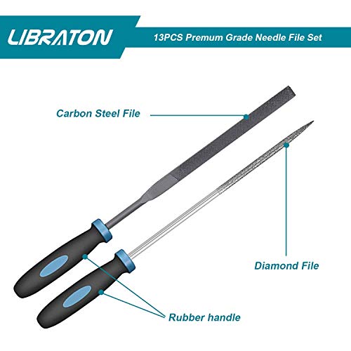 LIBRATON 13PCS Small Needle Files Set, 6 Carbon Steel & 6 Diamond File Set | for Precision Metal Work, Jewlers Metal File Set, Mini Jewelry Files for Wood Plastic Carving, with Brush and Carry Case - style: Needle File-13PCS