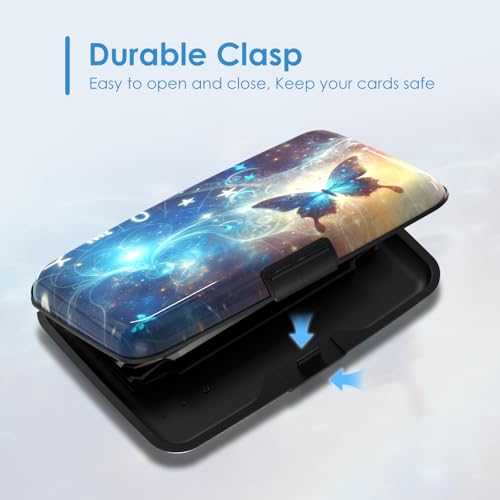 RFID Blocking Credit Card Protector, Blue Butterfly Aluminum ID Case Hard Shell Business Card Holders Metal Wallet for Men or Women - color: Starry Sky Blue Butterfly