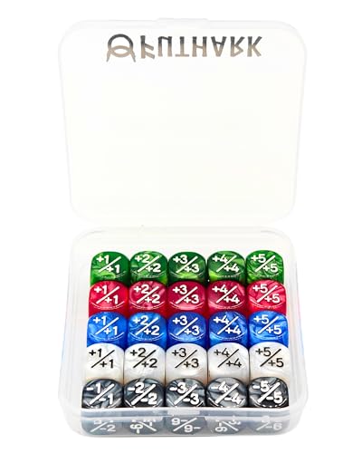 Futhark MTG Counter Dice Set - 25 Compact Multicolored Acrylic Dice with Plus/Minus Counters - Easy to Carry & Easy to Read - Accessories for Magic: The Gathering - style: MTG +/- Dice Counters