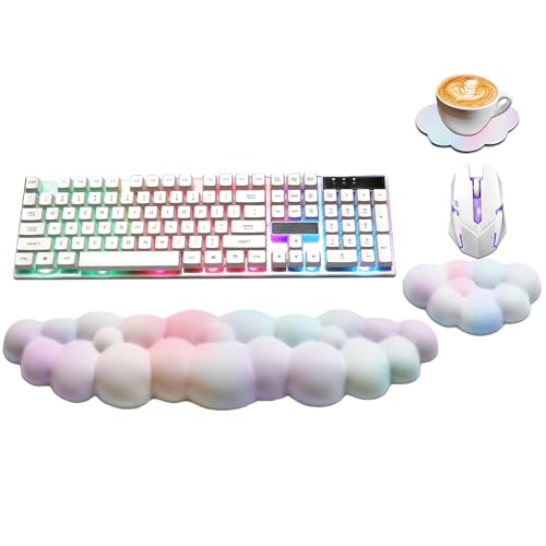 Cloud Wrist Rest Keyboard, Memory Foam Wrist Rest for Computer Keyboard | Ergonomic PU Leather Keyboard Pad and Cute Mouse Wrist Pad for Gaming, Office, Computer, Easy Typing Pain Relief, Rainbow - color: Rainbow
