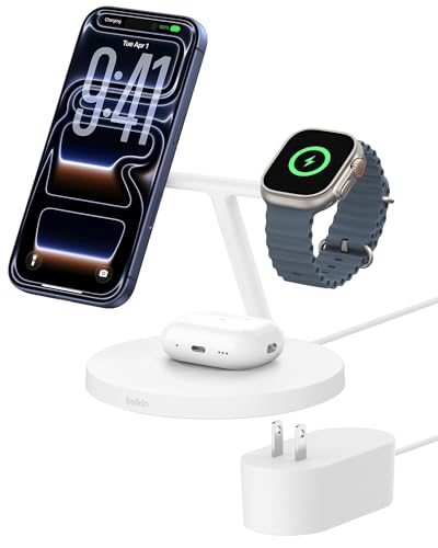 Belkin Qi2 15W Wireless Charging Station, 3 in 1 iPhone Charger | Fast Charging, MagSafe Compatible, iPhone 17/16/15, Apple Watch, AirPods, Travel Charger, Magnetic - color: White, style: Matte Finish