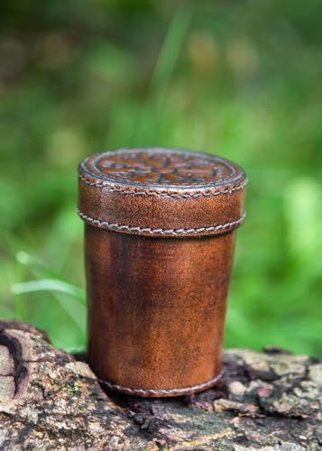 Ulfberth - Viking dice Cup with Embossed Motif - Genuine Leather - Medieval Leather Cup with Engraving (with lid, Vegvisir Embossing, Brown) - color: Vegvisir Brown