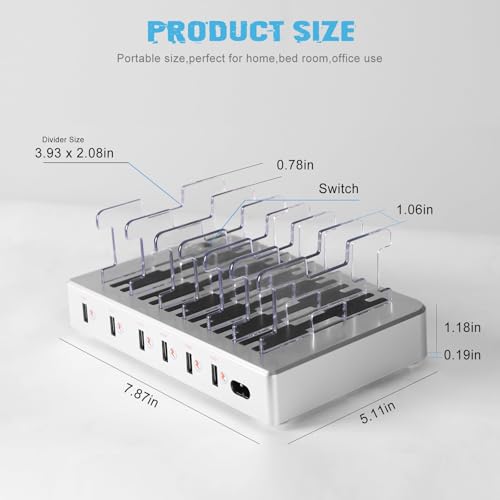 Charging Station for Multiple Devices, 6-Port USB Fast Charger with 6 Mixed Cables, Multi-Device Charging Dock for iPhone, iPad, Android Phones, Tablets, Kindle (Silver, Desktop & Wall Mount)