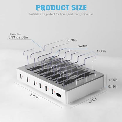 Charging Station for Multiple Devices, 6-Port USB Fast Charger with 6 Mixed Cables, Multi-Device Charging Dock for iPhone, iPad, Android Phones, Tablets, Kindle (Silver, Desktop & Wall Mount)