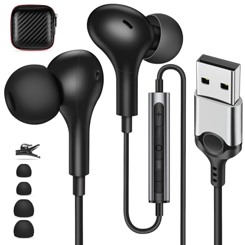 USB Earbuds with Microphone for PC Laptop,Wired USBA Headset with Mic in Ear Buds Noise Isolating Light Laptop Earphones Headphones for Dell HP Surface Computer Office Zoom Work Gaming School,Black - color: Black