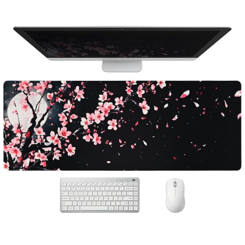 Extended Cherry Blossom Desk Mat, XL Large Gaming Mouse Pad, Japanese Sakura Moon Stitched Edges Waterproof with Non-Slip Rubber Base for Computer Keyboard Laptop Work Home Office 31.5"x11.8" - color: Cherry Blossom Moon, size: 31.5" x 11.8"