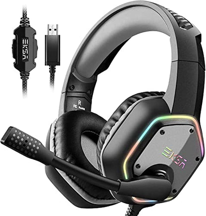 EKSA E1000 USB PC Gaming Headset with Mic, 7.1 Surround Sound | Computer Headphones with Microphone Noise Cancelling, RGB Light, Wired Headphones for PS4, PS5 Console, Laptop, Call Center - color: Grey