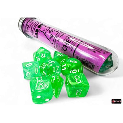 Gelatinous Nebula Dice with Grey Numbers 7+1 Lab Dice Set 16mm (5/8in) Chessex
