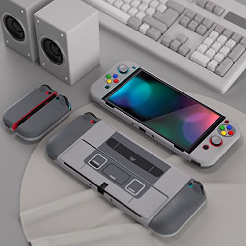 PlayVital AlterGrips Protective Slim Case for Nintendo Switch OLED, Ergonomic Grip Cover for Joycon, Dockable Hard Shell for Switch OLED w/Thumb Grip Caps & Button Caps - color: SFC SNES Classic EU Style