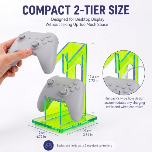 Aurora Green 2 Pack 2-Tier Controller Holder Display Stand for PS5, Xbox | Controller holder & display stand for gaming desk or battlestation; set of 2 holds 4 pads, charge in place, aurora acrylic