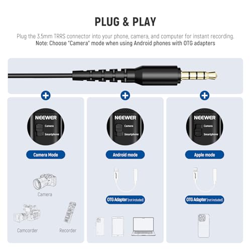 NEEWER 3.5mm TRRS Lavalier Lapel Microphone Plug & Play Mini Clip on Mic Omnidirectional Condenser for Camera Phone PC, Low Frequency Cut, Gain Control, Monitoring Headphone Jack, CM10 - style: CM10(1-Pack)w/3.5mm TRRS Plug