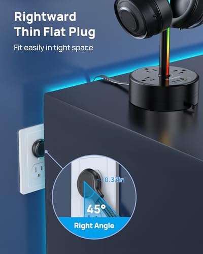 TROND Headphone Stand with PD 20W USB C Charger, RGB Gaming Headset Holder with 3 AC Outlets Extension, 5ft Retractable Power Strip Suitable for Gamer Desktop Table Game Earphone Accessories Gift