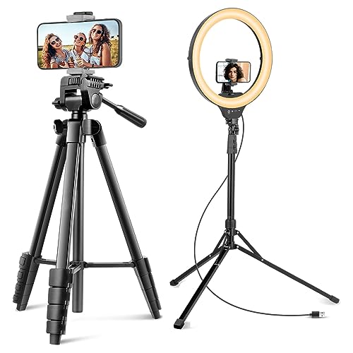 64” Phone&Tablet Tripod, Aureday Cell Phone Tripod for iPhone with Wireless Remote and Phone Holder Bundle with 14'' Selfie Ring Light with 62'' Tripod Stand and Phone Holder, Dimmable LED Phone Ringl