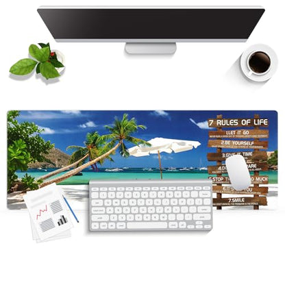 7 Rules of Life Inspirational Large Mouse Pad, Tropical Beach Palm Desk Mat | Keyboard Mat Stitched, 31.5" x 11.8", Positive Motivational Quote Rustic Wood, Summer Scenery Coastal Ocean Landscape - color: Vibrant Design J03K