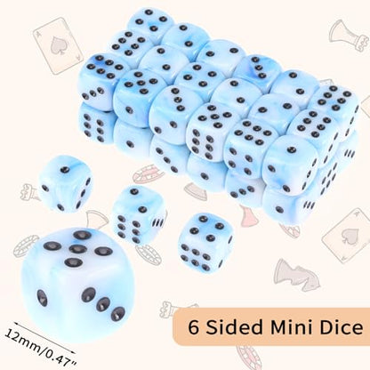36 of Pack 12MM 6 Sided MINI Dice Set,Mixed Colours Swirls D6 Game Dice Set, 6 Sided Standard Dices for Yahtzee, Bunco or Teaching Math,with Portable Plastic Box(Blue White) - color: Blue White