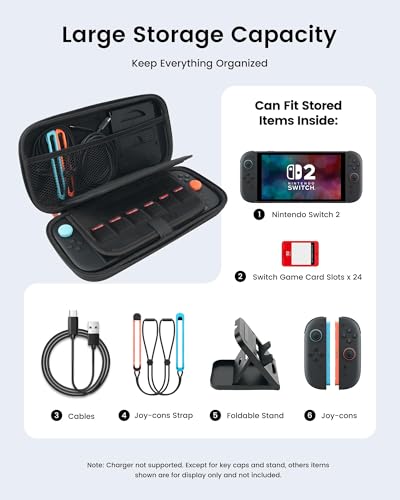 TRANSNOVO Carrying Case for Nintendo Switch 2 2025 - Travel Case with 24 Game Card Slots for Switch 2, All in One Cases Accessories Bundle with Screen Protector, 6 Thumb Grip, Stand, Pouch for Console - size: Case Kit (with ScreenProtector, Stand, KeyCaps