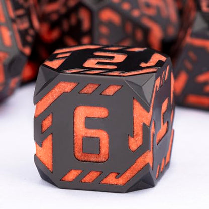 Metal DND Sci-fi Dice Set 7PCS Luminous Orange Stripe Polyhedral Dice for Dungeons Dragons RPG Role Playing Game, Glitter D and D Dice with Gift Box D6 D8 D10 D12 D20 - color: Nightlight - Orange