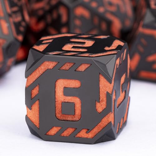 Metal DND Sci-fi Dice Set 7PCS Luminous Orange Stripe Polyhedral Dice for Dungeons Dragons RPG Role Playing Game, Glitter D and D Dice with Gift Box D6 D8 D10 D12 D20 - color: Nightlight - Orange