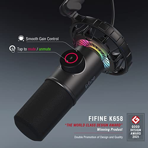 FIFINE USB Gaming Microphone, RGB Dynamic Mic with Tap-to-Mute & Headphone Jack, Plug & Play Cardioid Mic for PC PS4/5, Streaming Podcast Twitch YouTube Discord - for Gamers and Youtubers - K658