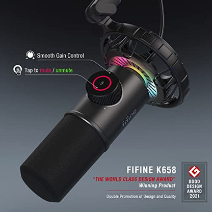 FIFINE USB Gaming Microphone, RGB Dynamic Mic with Tap-to-Mute & Headphone Jack, Plug & Play Cardioid Mic for PC PS4/5, Streaming Podcast Twitch YouTube Discord - for Gamers and Youtubers - K658