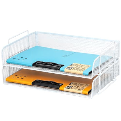 EASEPRES 2 Pack Stackable Desk Paper Tray, Metal Mesh Desktop Document Letter File Organizer for Office Home School, 13.5'' L x 9.75'' W x 5.5'' H, White - color: 2 Pack White