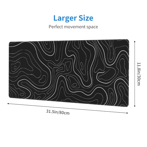 Large Gaming Mouse Pad Desk Mat, Black Topographic Contour Extended Keyboard Mouse Pad Mousepad with Non-Slip Base and Stitched Edge Mouse Mat Desk Pad Mouse Pads for Desk Home Office, 31.5 x 11.8 - color: Topographic Contour Black