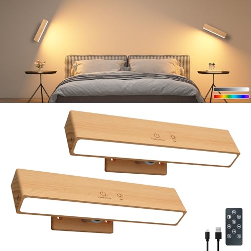 Rechargeable Wood Wall Lights (2 Pack) with Remote & Touch, 5200mAh Battery Operated Wall Sconce with 3 Color Temperatures & RGB. Magnetic, Stick-On, Dimmable Wall Reading Lamp for Bedroom, Picture - color: Beech Wood, size: 2 Pack