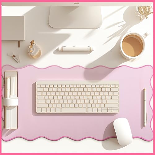 Hahafelt Scalloped Desk Mat Large Desk Pad Cute Coquette Table Mat Back to School Preppy Table Make up Pad Nonslip Graduation Gift with Stitching Waterproof Gaming(Pink,31.5 x 15.8 Inches) - color: Pink, size: 31.5 x 15.8 Inches