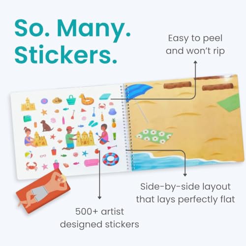 Beach Day 500+ Kids Sticker Book by Cupkin Fun Toddler Travel Activity Coloring and Sticker Book, Road Trip Essentials, 12 Coloring Pages 12 Side by Side Scenes for Ages 2–8 Years - color: Beach Day