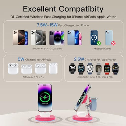 【Adjustable Blue Ambient Light】 Wireless Charger 3 in 1 for iPhone, Magnetic Charging Station for Apple Family,15W Fast MagSafe Charger Stand,for iPhone17-12-iWatch AirPods Series - color: Rose Red