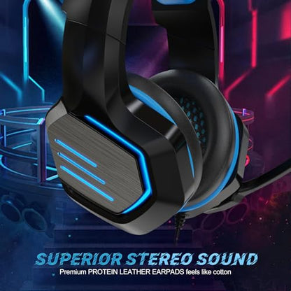 NPET H022 Blue Gaming Headset - Noise Cancelling Over-Ear Headphones with Mic, LED Lights, Bass Surround Sound for PS5, PS4, Xbox One, PC & Controller