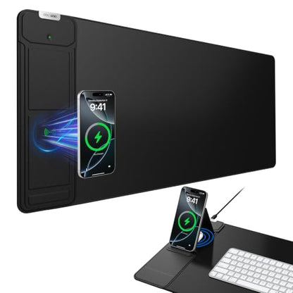 Mouse Pad with Wireless Charging & Foldable Phone Holder, 27.5"x11.8" Black | Desk Protector with Stitched Edges, Non-Slip Base, Laptop Desk Mat, Waterproof Writing Pad for Office & Home - color: Black-Phone Holder-27.5"x11.8"