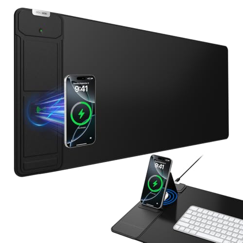 Mouse Pad with Wireless Charging & Foldable Phone Holder, 27.5"x11.8" Black | Desk Protector with Stitched Edges, Non-Slip Base, Laptop Desk Mat, Waterproof Writing Pad for Office & Home - color: Black-Phone Holder-27.5"x11.8"