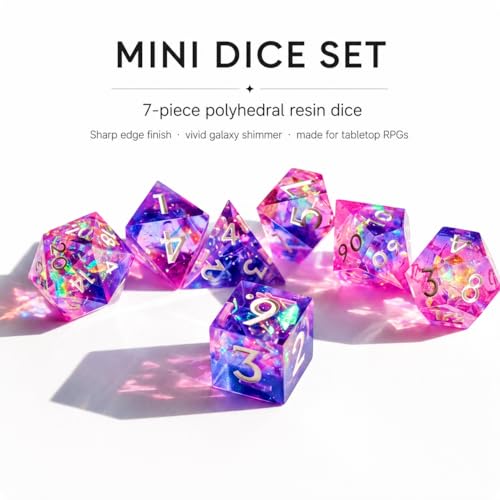 Mini DND Dice Set Tiny Dice 7 Pcs Handmade Sharp Edge Accessories Dice for Dungeons and Dragons, Polyhedral Resin Dice - color: Mini--blue Pink