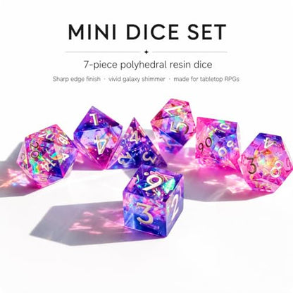 Mini DND Dice Set Tiny Dice 7 Pcs Handmade Sharp Edge Accessories Dice for Dungeons and Dragons, Polyhedral Resin Dice - color: Mini--blue Pink