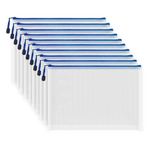 10 Pcs Zipper File Bags, Waterproof Plastic Mesh Pouch for Office School, Board Game Storage Bags (A4 Size 13.4''x9.4'', White and Blue) - color: White and Blue, size: A4 Size 13.4 x 9.4 inch