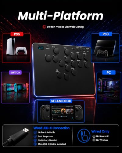 Leverless Controller for PS5, PS3, Switch, PC & Steam Deck, Wired 16-Button Fight Stick with PS5 Boot Dongle, Leverless Arcade Stick, OLED, Web Config, Hot-Swap Keys, SOCD, Turbo & RGB