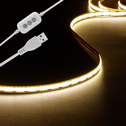 4.9ft LED Strip Lights Dimmable, 5V Warm White Plug in USB COB String | 3000K Dotless Rope Lighting, Flexible and Cuttable, CRI 90, Sticky Tape for TV Backlight, Cabinet, Mirror, Bed, Computer, DIY - size: 4.92ft-3000K-USB Dimmer