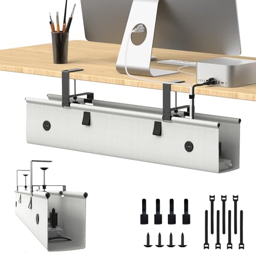 Under Desk Cable Management Tray, 30-inch No-Drill Cord Organizer with Anti-Sag Reinforced Base, Fabric Wire Management Hider for Standing Desk, Office & Gaming Accessories - Grey - color: Grey, size: 30 inch