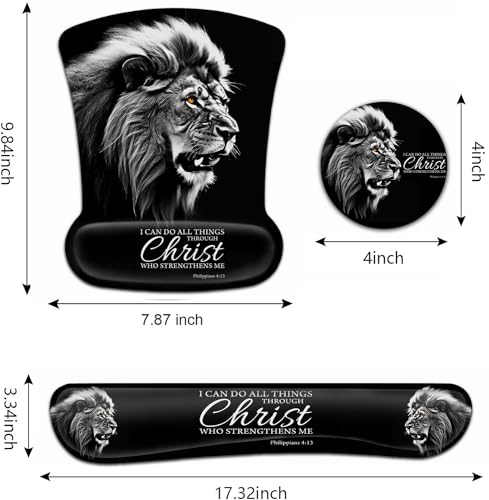 Black Mouse Pad with Ergonomic Wrist Support and Memory Foam Keyboard Wrist Rest, Non-Slip PU Base Gel Mouse Mat, Keyboard Palm Rest for Home Office Gaming Desk Pad Fierce Lion Philippians 4:13 - color: Yvb-mouse Pad -2-b-23