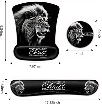 Black Mouse Pad with Ergonomic Wrist Support and Memory Foam Keyboard Wrist Rest, Non-Slip PU Base Gel Mouse Mat, Keyboard Palm Rest for Home Office Gaming Desk Pad Fierce Lion Philippians 4:13 - color: Yvb-mouse Pad -2-b-23