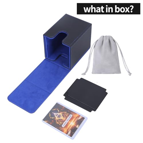 AFIING MTG Deck Box for Commander Display,Card Deck Box Fits 100 Double Sleeved Cards, Magic Commander TCG Storage Box with 2 Dividers,Drawstring Bag and 1 Toploader(Black/Blue) - color: Commander Black Blue