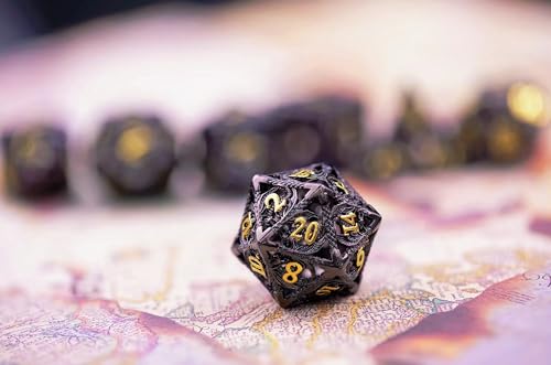 Metal DND Dice Set Dungeons and Dragon Dice Set Hollow Dragon Polyhedral Magic 7 PCS Dice Set with Gift Metal Box for Dungeons and Dragons Table Games Play Cards MTG(Dragon_Black Plus Gold) - color: Dragon_black Plus Gold