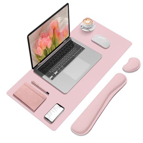 Desk Mat Set， Wrist Rest for Computer Keyboard, 3-in-1 Large Mouse Pad and Keyboard Wrist Rest Set, Non-Slip Desk Mat Protector for Office, Home(27.5×13.8 Inches, Pink) - color: Pink - Wrist Rest, size: 13.7" x 27.5"