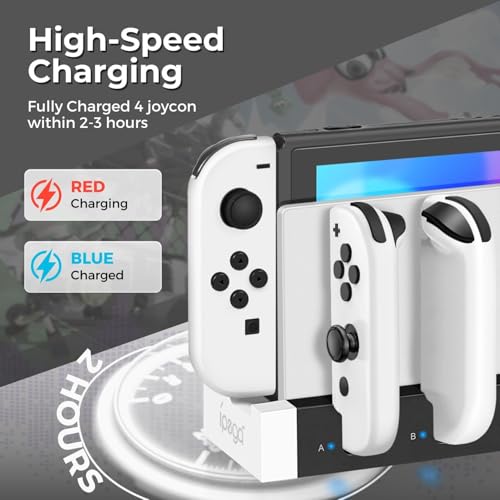 TNP Joy-Con Charging Dock for Nintendo Switch Controllers, 4-Port, Green | Switch Controller Charger and Organizer with 28 Game-Card Slots, Led Charge Indicators, Oled Dock Fit, and Extra Usb Port