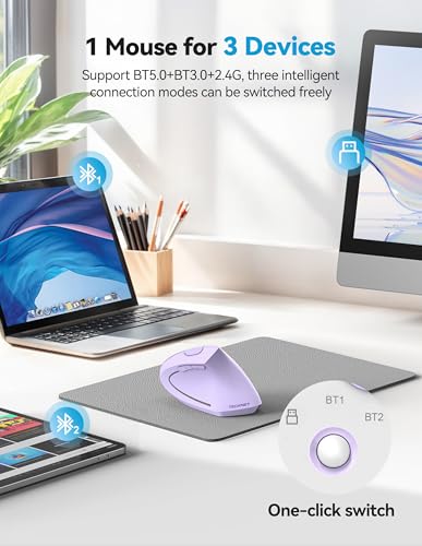 TECKNET Ergonomic Mouse Wireless, Rechargeable Vertical Mice Right Hand | Bluetooth+2.4GHz USB, Multi Device, 4800 DPI Adjustable, Optical Carpal Tunnel Mouse for Laptop, PC, MacBook, Light Purple - color: Light Purple